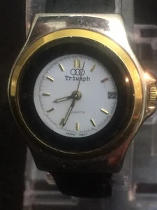 triumph Ladies Watch White Face Gold Dial Date,28mm Case Black leather band - Picture 1 of 8