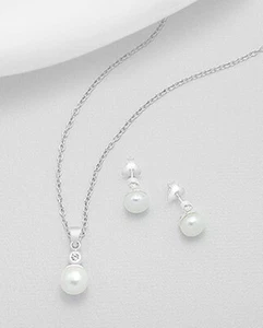 925 Genuine Pearl Earrings w/ Pearl Pendant Necklace Set Decorated With CZ NEW - Picture 1 of 2