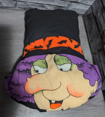 Vintage 13" Witch Head Hat Halloween Fabric Panel Sew Scary Stuffed Doll Pillow - Image 1 of 4