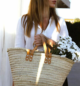 FRENCH BASKET with double flat leather handles, straw bag, beach bag, basket bag