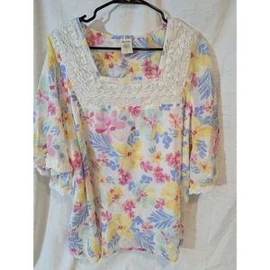 Blair Women’s XL Floral Lace Embroidered Tunic -Pastel Print Boho Peasant Blouse - Picture 1 of 7