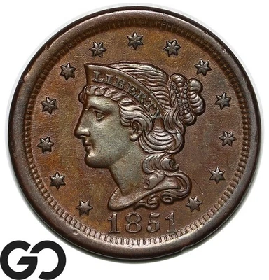 1851 Large Cent, Braided Hair, Nice Choice Unc++ Early Copper - Image 1 of 3