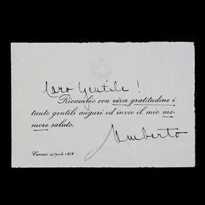 Tarjeta de respuesta firmada autografiada por el rey Umberto II de Italia realeza italiana - Imagen 1 de 12