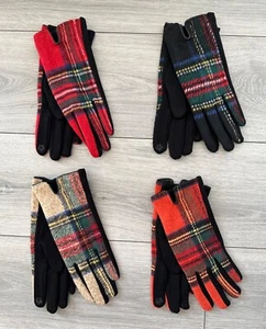 Tartan Touch Screen Full Finger Ladies Wool Gloves with Fleece - Picture 1 of 10
