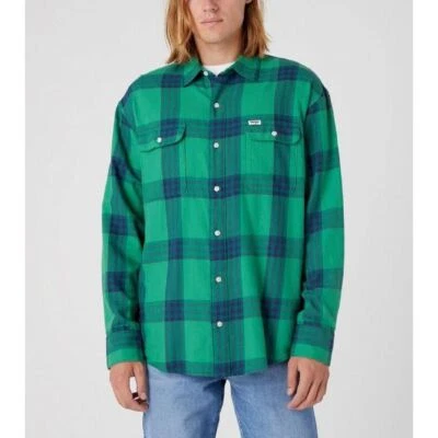 Wrangler Mens Patch Pocket Check Long Sleeve Shirt Pine Green - Image 1 of 4