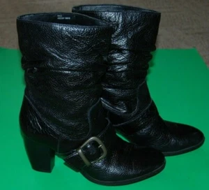 B.O.C. Black Pebbled Leather Buckle Pull On Mid Calf High Heel Biker Boots 9 - Picture 1 of 8