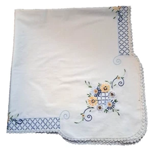 Vintage Square Tablecloth Embroidered Blue Lattice Flowers Daisy Lunch Tea 39" - Picture 1 of 7