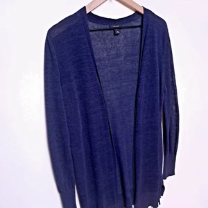 Halogen Cardigan Womens Large Navy Blue Linen Blend Lightweight Longline Long  - Picture 1 of 9