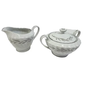 Sugar Bowl & Lid Creamer Set Wheaton M Platinum White China 3555 Japan EUC - Picture 1 of 13