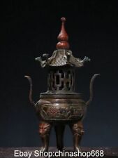 11.6 " Old China Copper Dynasty Palace Lotus Flower Lion Headed Beast Censer
