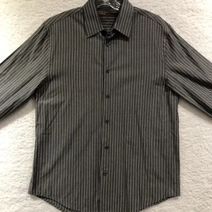 Perry Ellis Mens Size M Long Sleeve Collared Shirt Gray and White Stripes - Picture 1 of 13