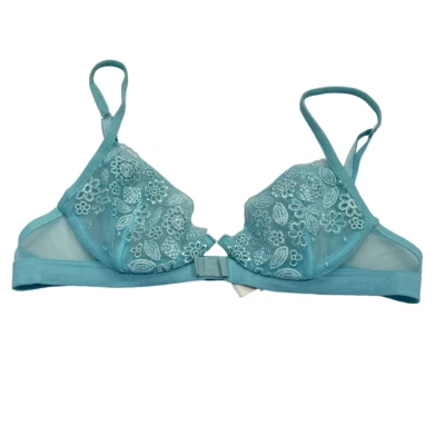 Sutiã La Perla Glamour Renda Demi 32B Azul Floral Malha Transparente Underwire Sem Almofada - Imagem 1 de 4
