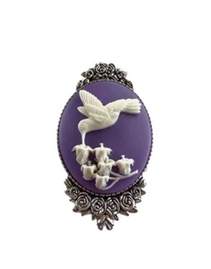 Hummingbird Cameo Vintage Silver Brooch Pin, Purple, Lily Of The Valley Flowers - Picture 1 of 4