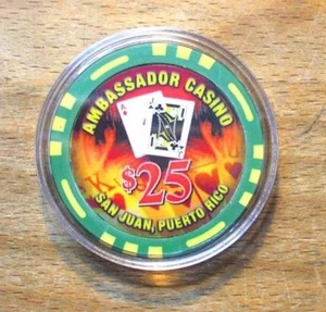 CASINO HOTEL EMBAJADOR PLAZA $25 Green Cash Chip Condado SAN JUAN Puerto Rico - Imagen 1 de 3