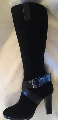 Chaps Candace Black Suede Tall Boots Heels Ankle Strap & Buckle sz 6.5 B - Image 1 of 4