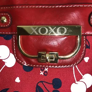 XOXO Cherries Purse Red White Blue Cherries Vinyl Handles Cotton Exterior - Picture 1 of 12