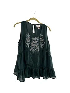Knox Rose Green Sleeveless Embroidered Ruffle Hem Blouse Womens L Boho Fairy - Picture 1 of 7