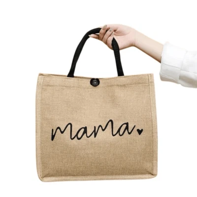 "Bolso de Mano Chic de Lino Mamá" | Bolso de Playa de Viaje de Doble Asa de Gran Capacidad Foto 1 de 4