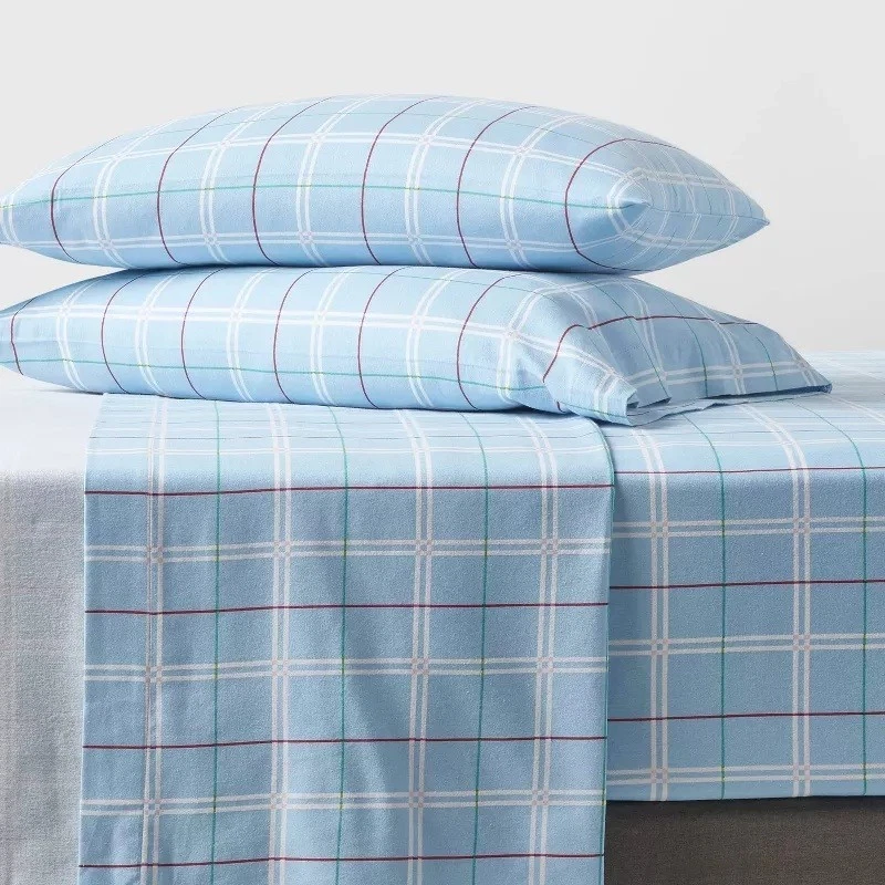 Twin Flannel Sheet Set Wondershop Holiday Blue Plaid Cotton Bedding-3 Pcs