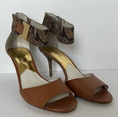 Michael Kors 7,5 М Guiliana желтовато-коричневый кожаный с открытым носком змея лодыжки ремень насос каблук - Изображение 1 из 4