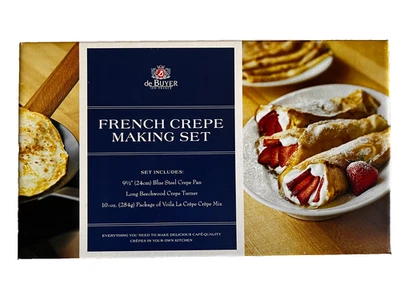 De Buyer 法国绉织烘焙套装 9.5 英寸蓝色钢盘和山毛榉木绉纱特纳 — 第 1/3 张图片