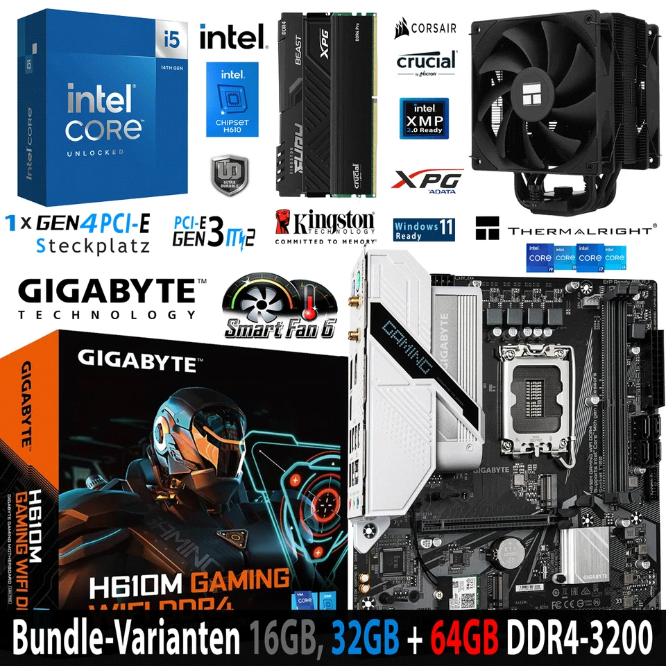 PC Bundle Intel i5 14600K Gigabyte H610M Gaming Wifi mit 16, 32 oder 64GB DDR4 - Bild 1 von 4