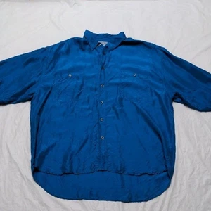 Camisa vintage 100 % seda azul verdoso manga corta Lagenlook abotonada talla XL - Imagen 1 de 5