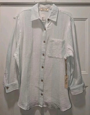 NEW  * WOMEN'S COTTON Gauze Shirt BEACH SWIMSUIT Coverup Button Roll Up Sleeve M - Image 1 of 2