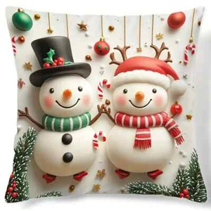 Adorable Snowman Couple - Decorative Pillowcase - 18x18 - New - Picture 1 of 5