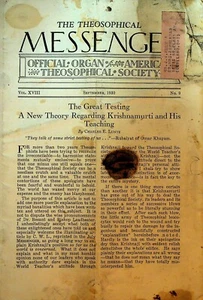 American Theosophical Messenger September 1930 Krishnamurti and his Teaching - Picture 1 of 1