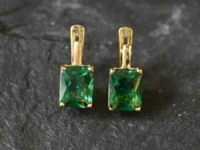 4Ct Simulated Emerald Solitaire Engagement Wedding Earrings 14K Yellow Gold Over - Image 1 of 3