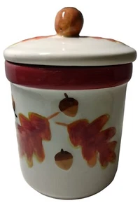 Hallmark Ceramic Acorn Crock Jar With Lid Embossed Fall Oak Leaves Autumn SEE - Picture 1 of 9