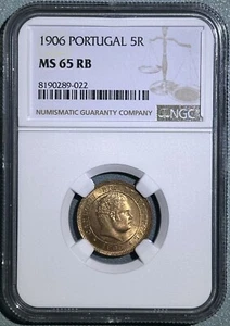 Portugal 1906 5 Reis Full Red Bronze ChBU Coin Carlos I Top Pop NGC MS65RB 6/0 - Picture 1 of 3