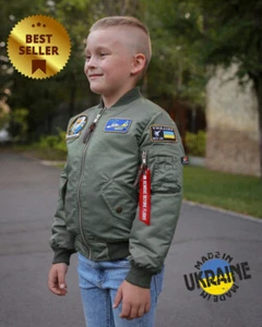 Kids MA1 Jacket Bomber Made in Ukraine patches MIG-29 Ukrainian Falcons Olive - Picture 1 of 5