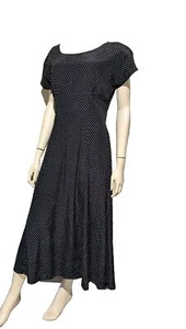 Vintage 80s Does 50s Dress Empire Waist Navy Blue Polka Dot Open Back Tie S/M - Picture 1 of 7