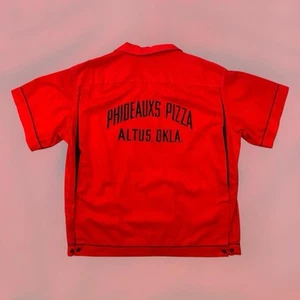 Vintage 70s Hilton Pizza Altus Oklahoma Bowling Button Shirt Adult L Red Rare USA - Bild 1 von 7