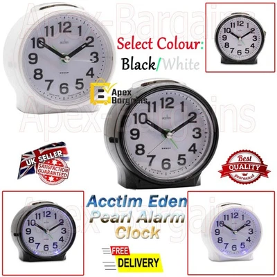 Acctim Eden Pearl Alarm Clock Non-Ticking Sweep Analogue Bedroom Light Display - Image 1 of 3