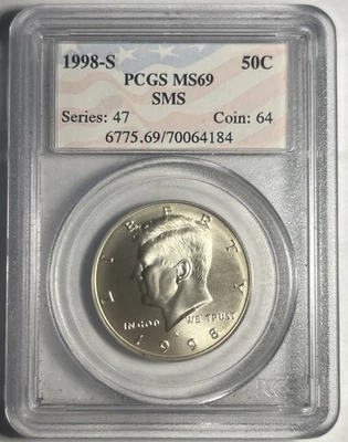 1998-S SMS KENNEDY SILVER HALF DOLLAR GRADED PCGS MS69 SP69 - Image 1 of 2