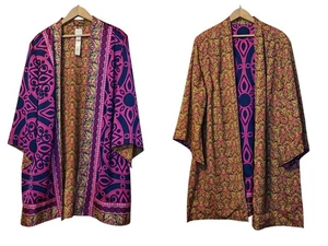 Chico's Kimono Jacket Womens Extra Large Pink Navy Reversible Baroque Boho Print - Picture 1 of 17