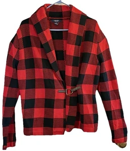 Chaps red black Buffalo Checked Jacket knit wrap cozy 100% cotton women's Large - Picture 1 of 9
