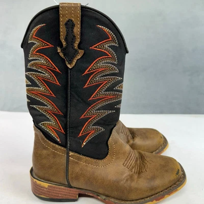Roper Boys Youth Tan/Black Faux Leather Clint Western Cowboy Boots 11 - Image 1 of 4