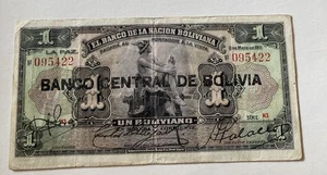 Bolivia 1 Boliviano ND Overprint Provisional Issue Banknote Prefix095422 - Picture 1 of 2