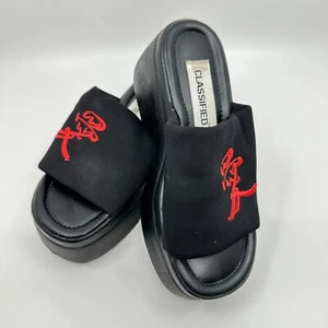 90s Y2K Classified Wedge Sandals Sz 5.5 Black Faux Leather Slip On Open Toe Rave - Picture 1 of 7