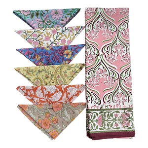 Indian Hand Block Print Tablecloth Kitchen Linen 100%Cotton with 6 Napkins - Picture 1 of 6
