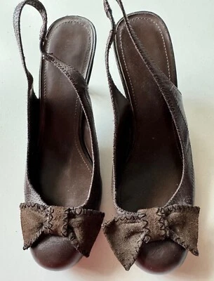 Ann Marino Sling Back Round Toe Bow Leather Slip On Heels Womens Shoes Brown 9M - Image 1 of 4