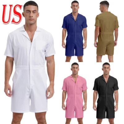 Men One Piece Romper Short Sleeve Jumpsuit Turn-down Collar Zip Coverall Outfits - Image 1 of 4