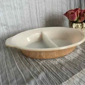 Vintage FIRE KING peach luster pearlescent divided casserole baking dish 1.5 QT - Picture 1 of 7