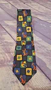 Disney Winnie the Pooh Necktie Tigger Honeypots Fall Leaves Print Black ~EUC - Picture 1 of 4