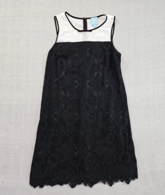 Cece 女式黑色白色蕾丝扇贝圆领转变鸡尾酒礼服 8 码 — 第 1/4 张图片