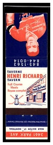 Vintage Matchbook Henri Richard Tavern Montreal - Picture 1 of 2